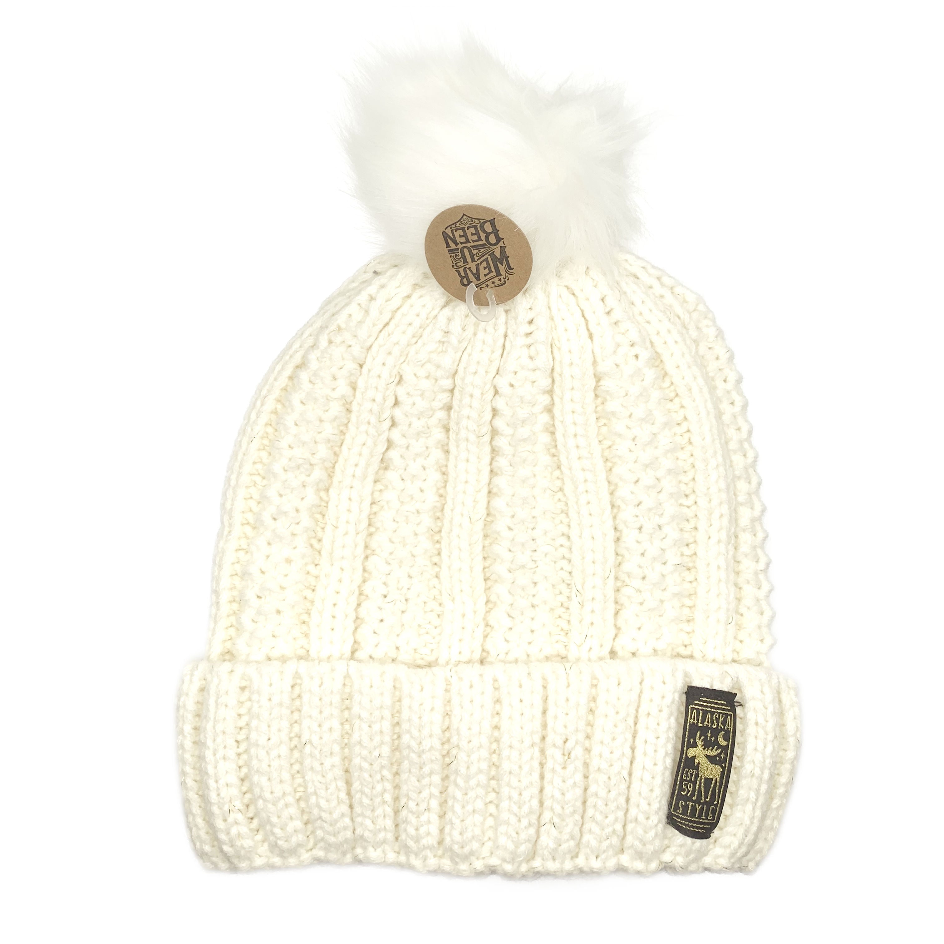 Cream Moose Alaska Sparkle Knit Beanie with Pom