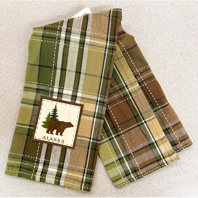Green and Brown Bear Alaska Plaid Dish Towel