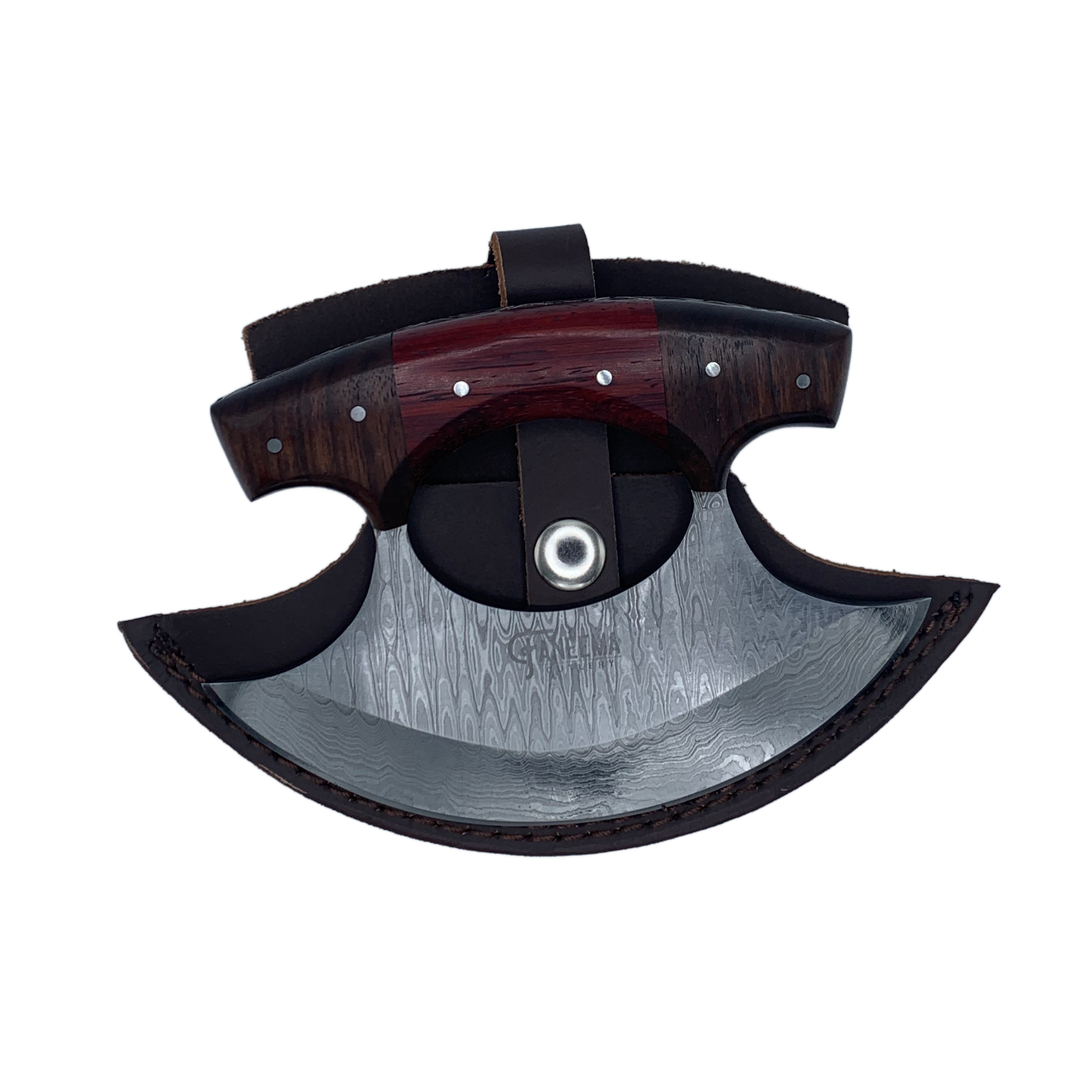 Walnut Damascus Ulu with Sheath