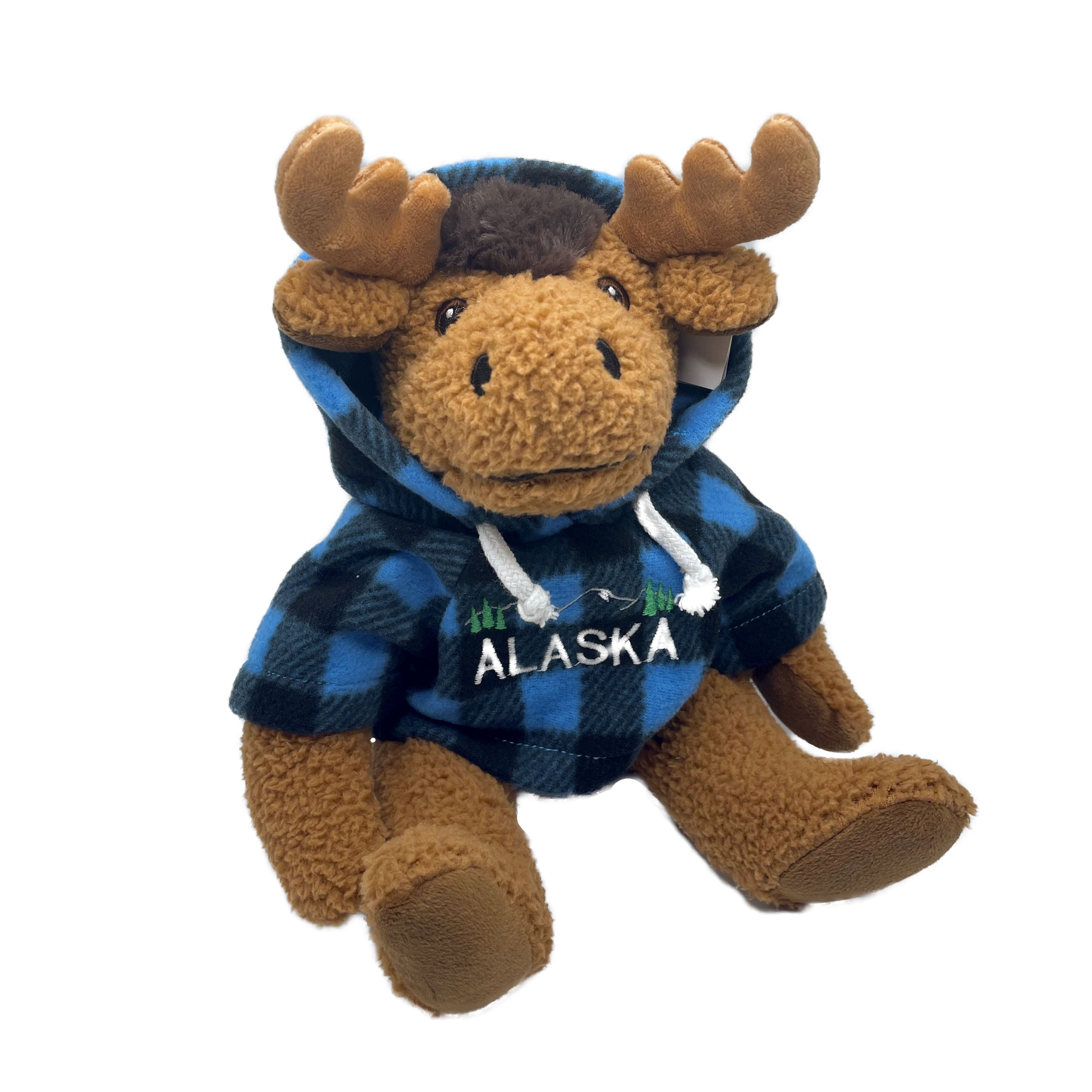 Moose Blue Plaid Hoodie Alaska Plush 10"