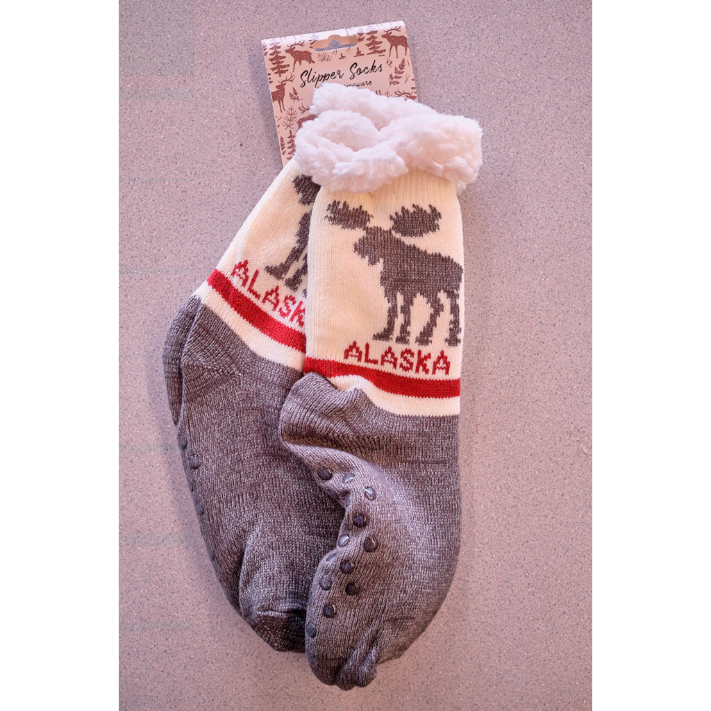 Gray and White Moose Alaska Slipper Socks