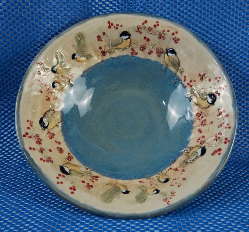 Chickadee Blue Porcelain Bowl 9"