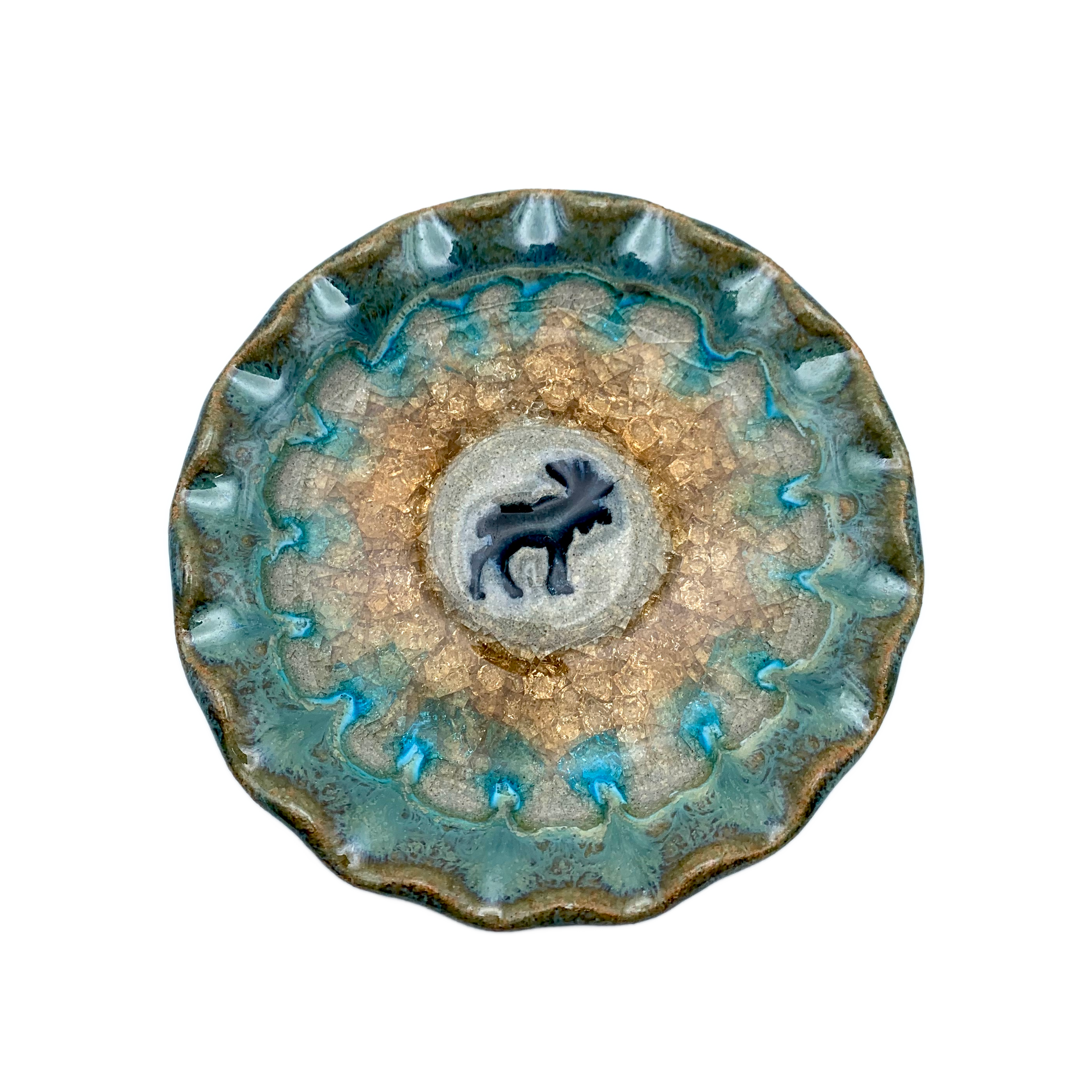 Moose Round Scalloped Pottery Dish 4"