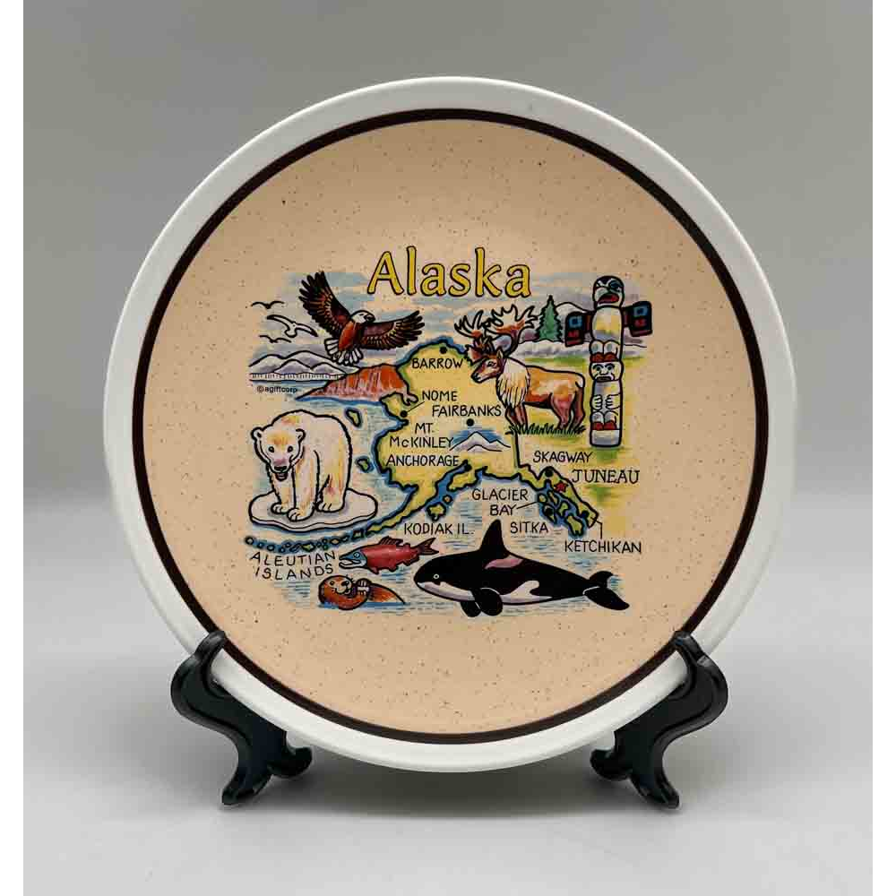 Alaska map wildlife plate with stand 7.5"