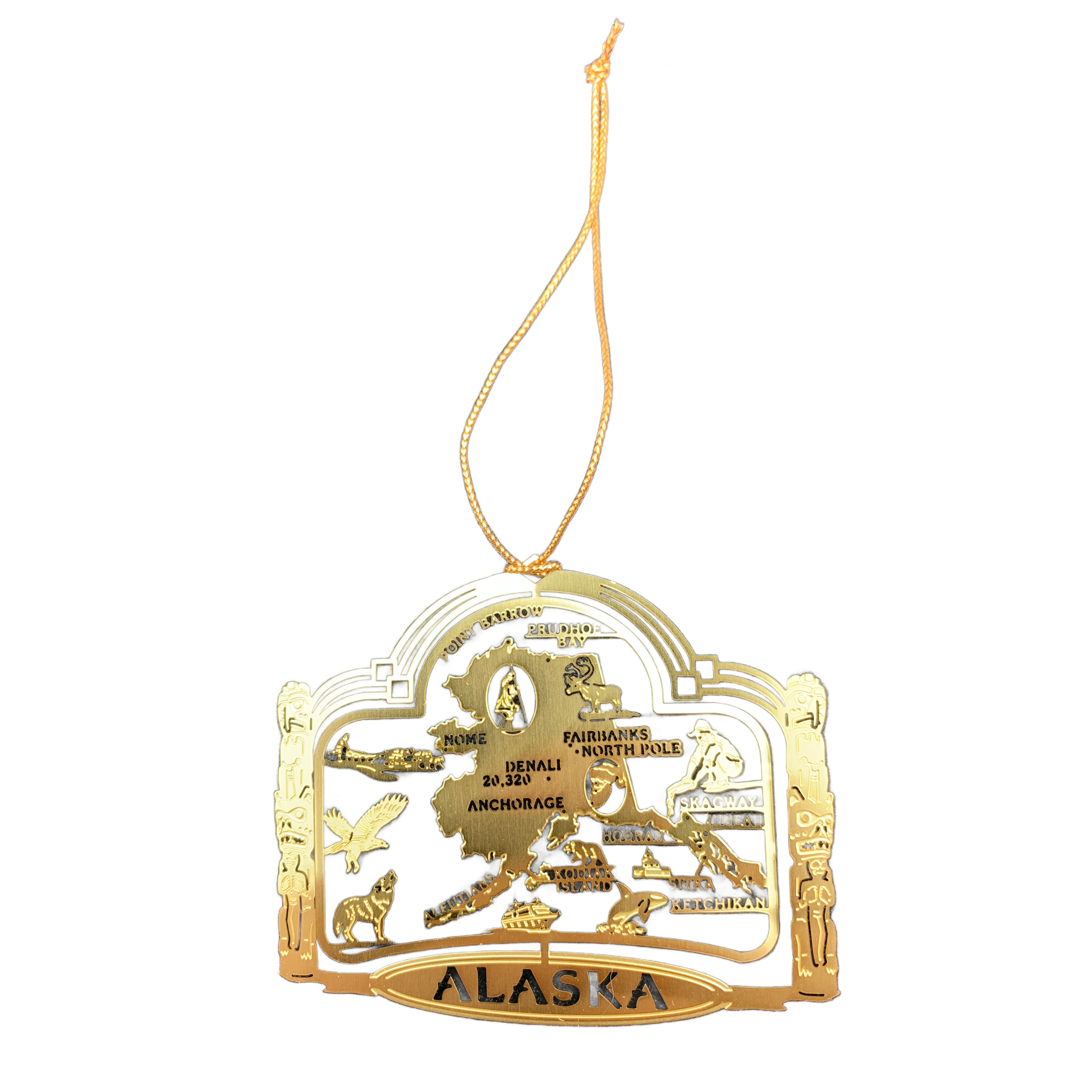 Alaska Landmarks Cut Out Brass Twist Ornament