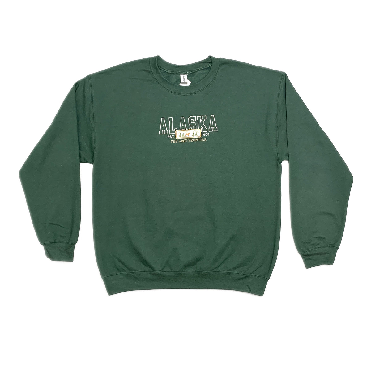 Moose Pines Alaska Emblem Forest Green Crew Sweatshirt