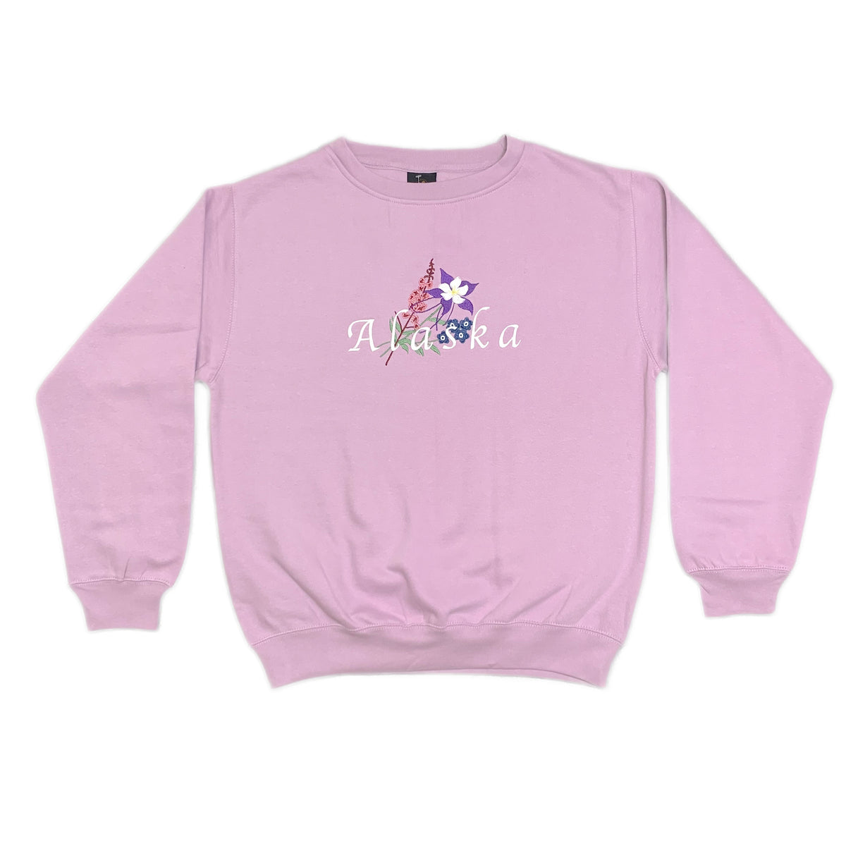 Wildflowers Alaska Embroidered Ladies Lilac Crew Sweatshirt