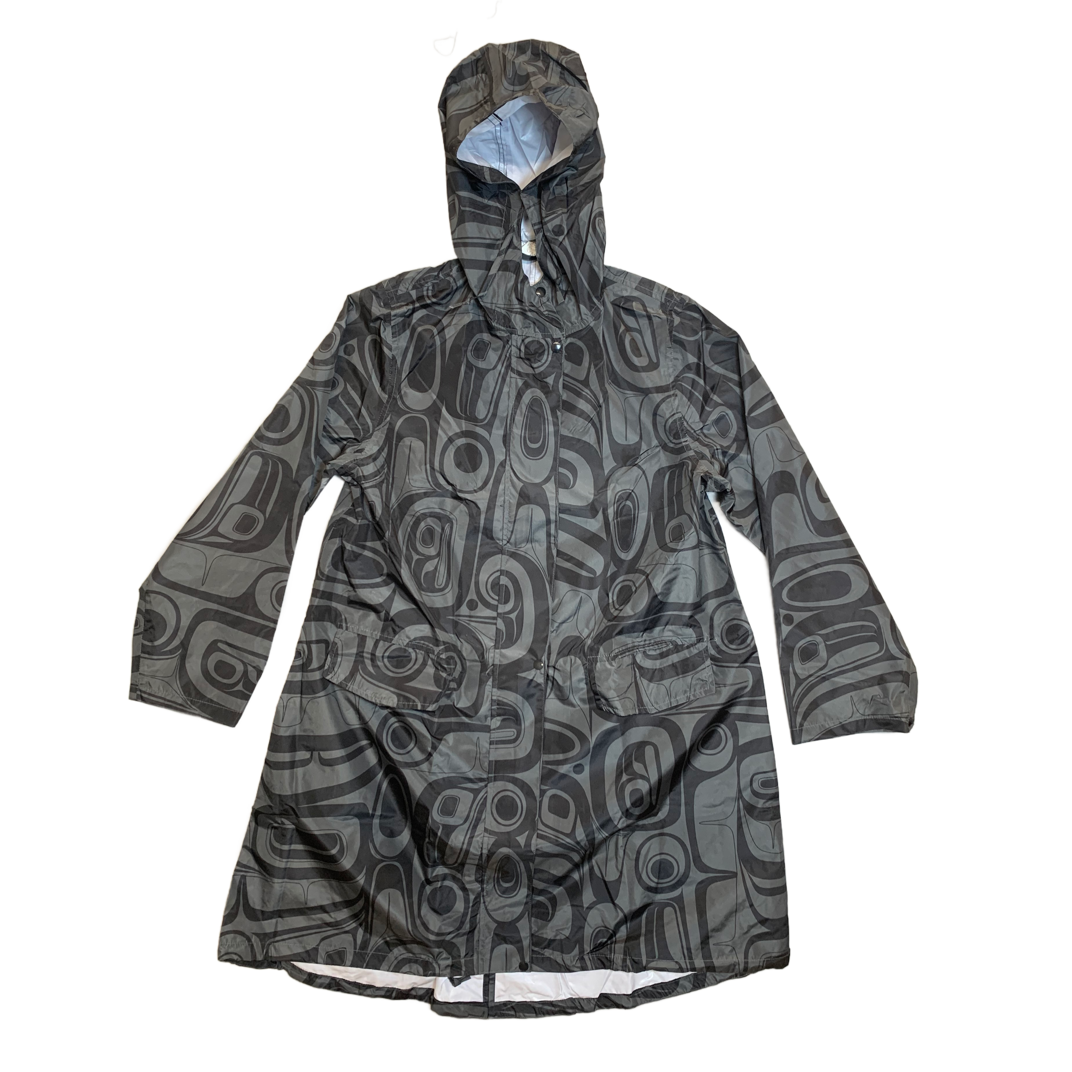 Charcoal Raven Totemic Hooded Raincoat with Pouch