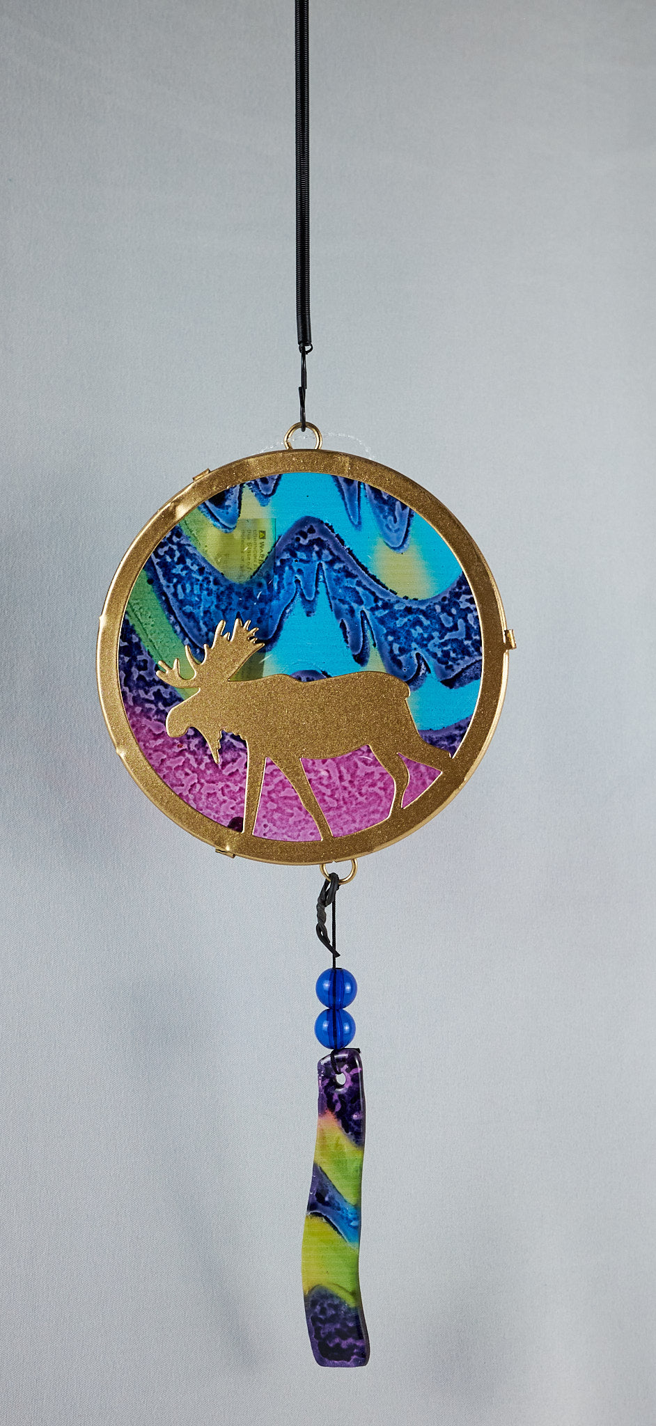 Bouncy Northern Lights Moose Glass and Metal Sun Catcher