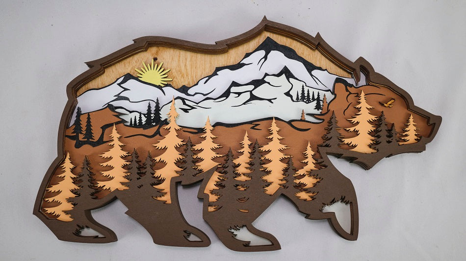 Multi Layered Wood Bear with Mountains Scene