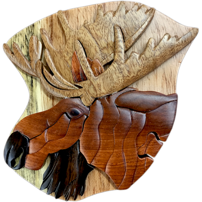 Bull Moose Head Wood Intarsia Puzzle Box