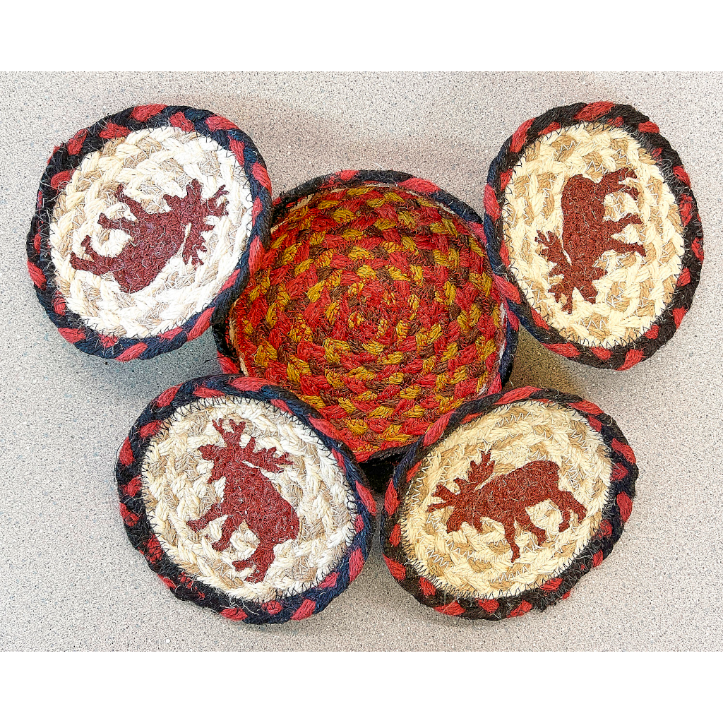 Moose Woven Jute Coaster Set in Basket
