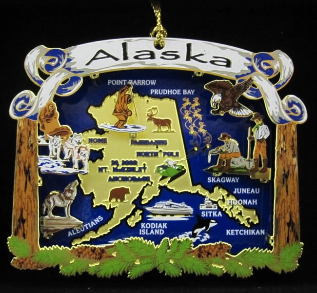 Map Icons Alaska 3D Color Brass Ornament