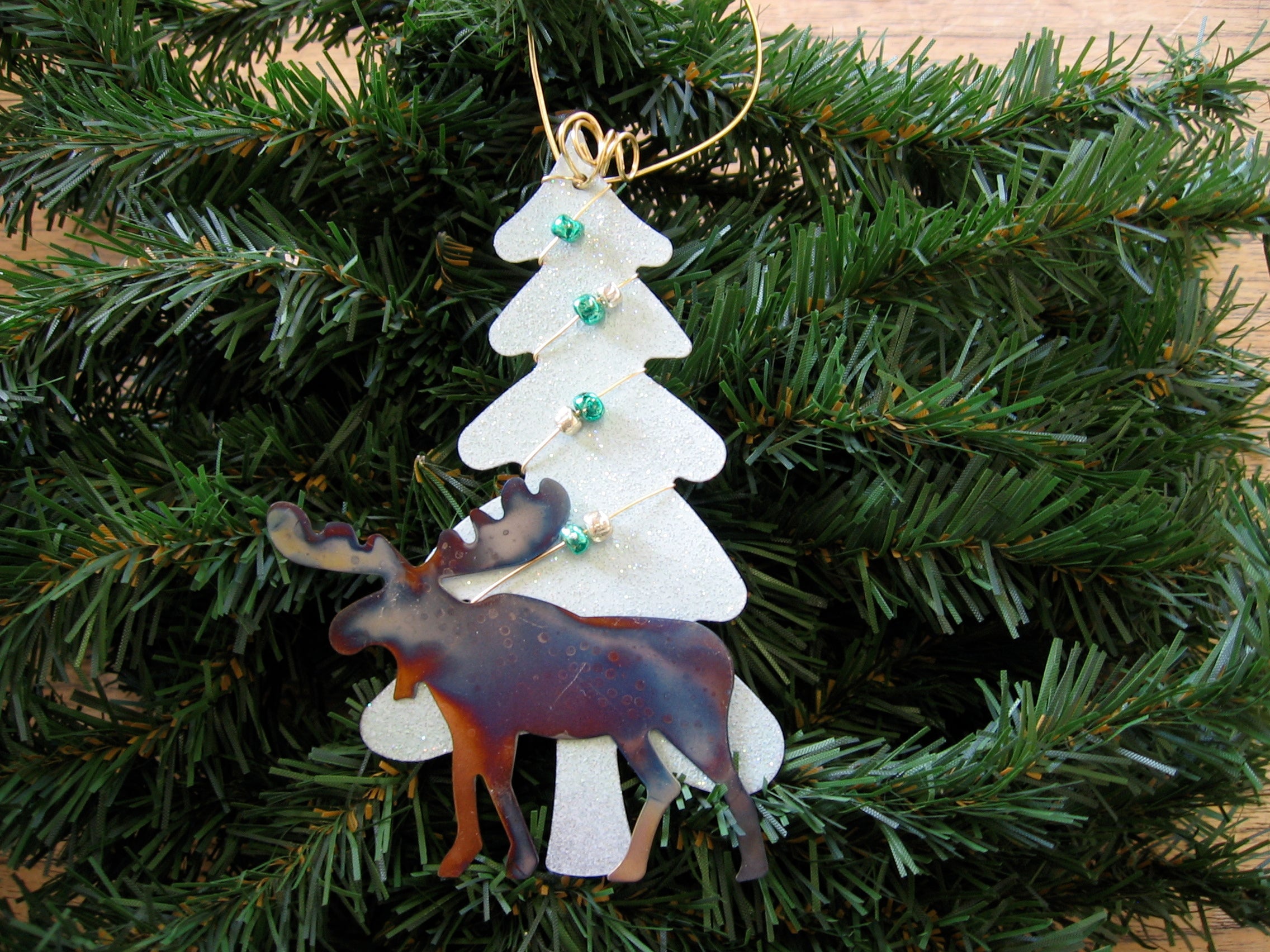 Beaded Sparkle Tree & Moose Ornament