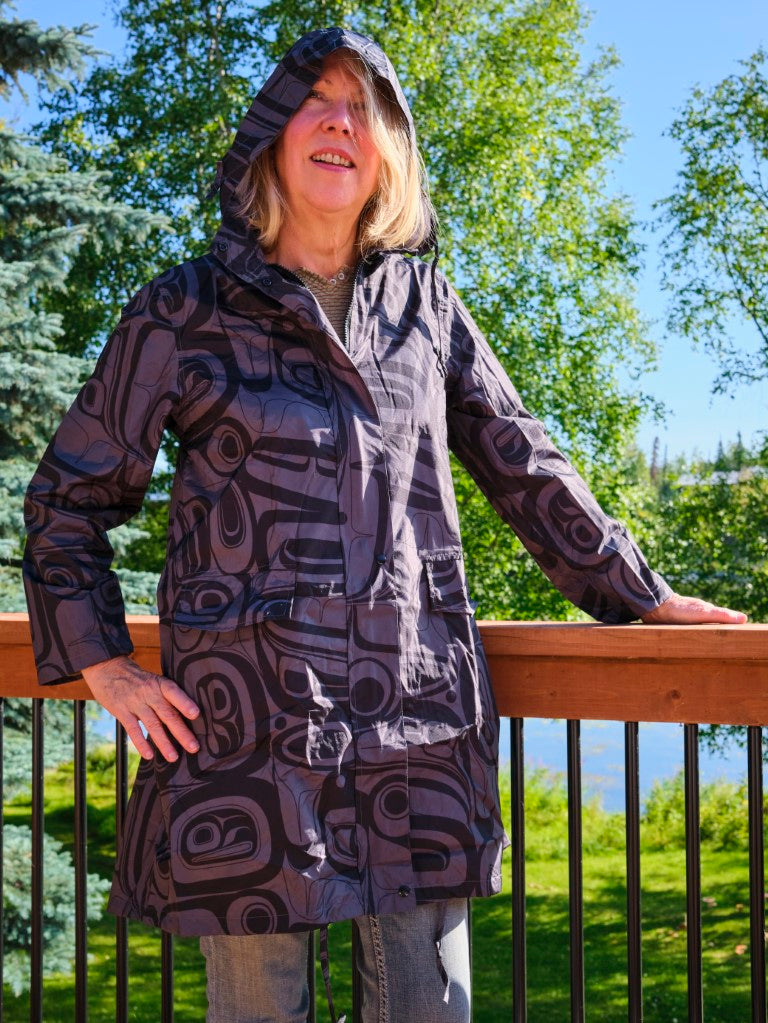 Charcoal Raven Totemic Hooded Raincoat with Pouch