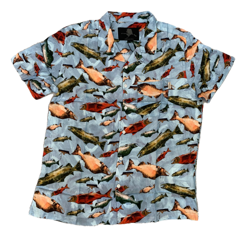 Salmon Print Blue AK Hawaiian Shirt